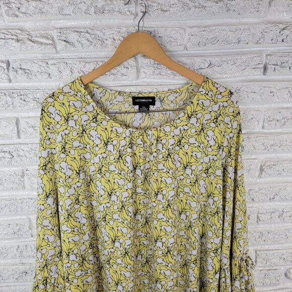 Liz Claiborne Womens Top XXL Plus 3/4 Bell Tied Sleeve Yellow Floral FLO232E - Picture 3 of 9